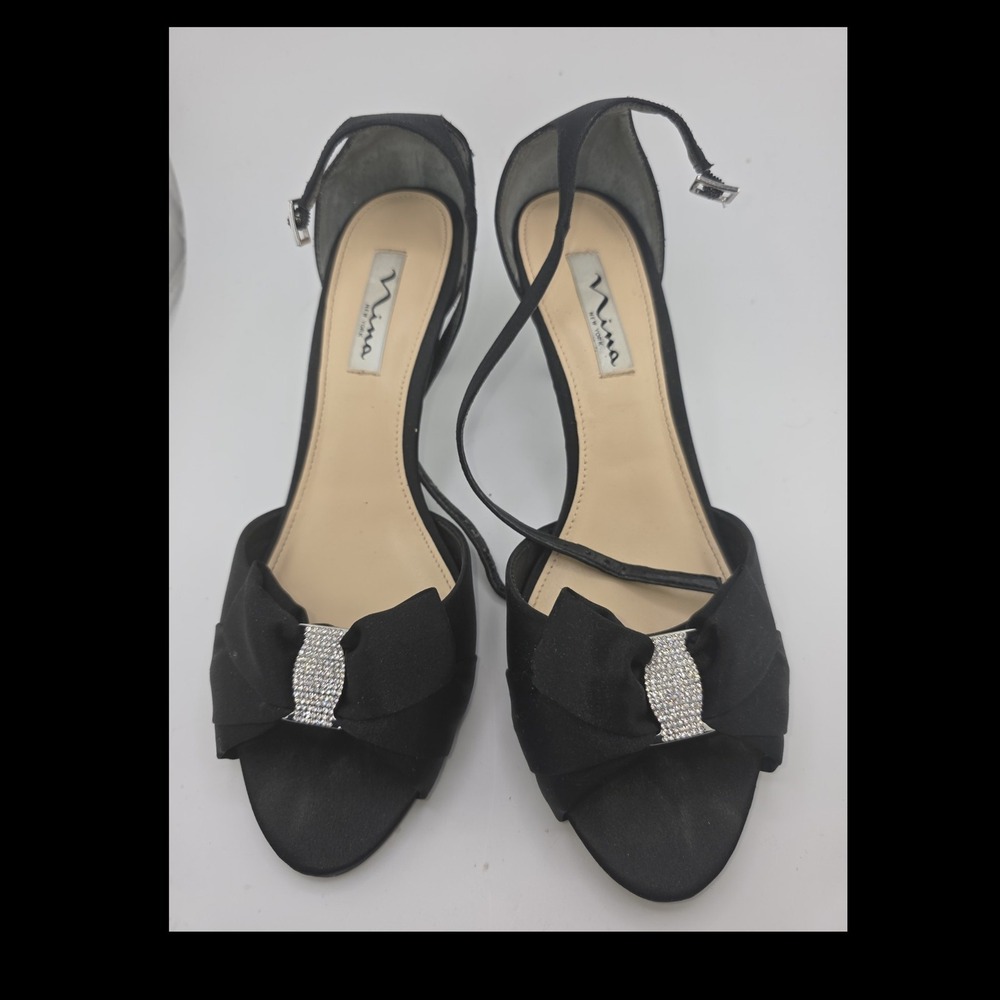 Nina Black Rhinestone Bow Ankle Strap Stiletto Heels Womens 9.5M Leather Sole